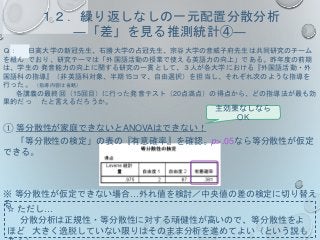 １２．繰り返しなしの一元配置分散分析
―「差」を見る推測統計④―
Ｑ： 日高大学の新冠先生、石勝大学の占冠先生、宗谷大学の音威子府先生は共同研究のチーム
を組ん でおり、研究テーマは「外国語活動の授業で使える英語力の向上」である。昨年度の前期
は、学生の 発音能力の向上に関する研究の一貫として、３人が各大学における『外国語活動・外
国語科の指導』（非英語科対象、半期15コマ、自由選択）を担当し、それぞれ次のような指導を
行った。 （指導内容は省略）
各講義の最終回（15回目）に行った発音テスト（20点満点）の得点から、どの指導法が最も効
果的だっ たと言えるだろうか。
① 等分散性が家庭できないとANOVAはできない！
「等分散性の検定」の表の『有意確率』を確認。p>.05なら等分散性が仮定
できる。
主効果なしなら
OK
※ 等分散性が仮定できない場合…外れ値を検討／中央値の差の検定に切り替え
る
☆ ただし…
分散分析は正規性・等分散性に対する頑健性が高いので、等分散性をよ
ほど 大きく逸脱していない限りはそのまま分析を進めてよい（という説も
 