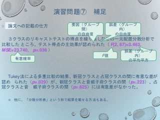 演習問題⑦ 補足
○ 論文への記載の仕方
３クラスのリキャストテストの得点を繰り返しなしの一元配置分散分析で
比較した ところ、テスト得点の主効果が認められた（ F(2, 87)=3.463,
MSE=23.740, p=.036 ）
Tukey法による多重比較の結果、新冠クラスと占冠クラスの間に有意な差が
認め られた（p=.029）が、新冠クラスと音威子府クラスの間（p=.223）、占
冠クラスと音 威子府クラスの間（p=.625）には有意差がなかった。
☆ 他に、「分散分析表」という形で結果を載せる方法もある。
有意確率
F値
要因（グループ
間）
の自由度
誤差（グループ
内）
の平均平方
誤差（グループ
内）
の自由度
 