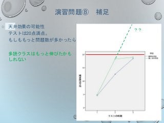 演習問題⑧ 補足
○ 天井効果の可能性
テストは20点満点。
もしももっと問題数が多かったら…
多読クラスはもっと伸びたかも
しれない
？？
 