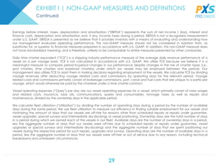 29
EXHIBIT I | NON-GAAP MEASURES AND DEFINITIONS
Earnings before interest, taxes, depreciation and amortization (“EBITDA”) represents the sum of net income / (loss), interest and
finance costs, depreciation and amortization and, if any, income taxes during a period. EBITDA is not a recognized measurement
under U.S. GAAP. EBITDA is presented as we believe that it provides investors with a means of evaluating and understanding how
our management evaluates operating performance. This non-GAAP measure should not be considered in isolation from, as
substitutes for, or superior to financial measures prepared in accordance with U.S. GAAP. In addition, this non-GAAP measure does
not have standardized meaning, and is therefore, unlikely to be comparable to similar measures presented by other companies.
Daily time charter equivalent (“TCE”) is a shipping industry performance measure of the average daily revenue performance of a
vessel on a per voyage basis. TCE is not calculated in accordance with U.S. GAAP. We utilize TCE because we believe it is a
meaningful measure to compare period-to-period changes in our performance despite changes in the mix of charter types (i.e.,
spot charters, time charters and bareboat charters) under which our vessels may be employed between the periods. Our
management also utilizes TCE to assist them in making decisions regarding employment of the vessels. We calculate TCE by dividing
voyage revenues after deducting voyage related costs and commissions by operating days for the relevant period. Voyage
related costs and commissions primarily consist of brokerage commissions, port, canal and fuel costs that are unique to a particular
voyage, which would otherwise be paid by the charterer under a time charter contract.
Vessel operating expenses (“Opex”) per day are our vessel operating expenses for a vessel, which primarily consist of crew wages
and related costs, insurance, lube oils, communications, spares and consumables, tonnage taxes as well as repairs and
maintenance, divided by the ownership days in the applicable period.
We calculate fleet utilization (“Utilization”) by dividing the number of operating days during a period by the number of available
days during the same period. We use fleet utilization to measure our efficiency in finding suitable employment for our vessels and
minimizing the amount of days that our vessels are off-hire for reasons other than scheduled repairs or repairs under guarantee,
vessel upgrades, special surveys and intermediate dry-dockings or vessel positioning. Ownership days are the total number of days
in a period during which we owned each of the vessels in our fleet. Available days are the number of ownership days in a period,
less the aggregate number of days that our vessels were off-hire due to scheduled repairs or repairs under guarantee, vessel
upgrades or special surveys and intermediate dry-dockings and the aggregate number of days that we spent positioning our
vessels during the respective period for such repairs, upgrades and surveys. Operating days are the number of available days in a
period, less the aggregate number of days that our vessels were off-hire or out of service due to any reason, including technical
breakdowns and unforeseen circumstances.
Continued
 