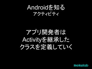 Androidを知る
アクティビティ
アプリ開発者は
Activityを継承した
クラスを定義していく
 