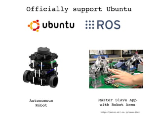 Officially support Ubuntu	
Master　Slave App
with Robot Arms	
Autonomous
Robot
https://motor.mtl.co.jp/case.html	
 