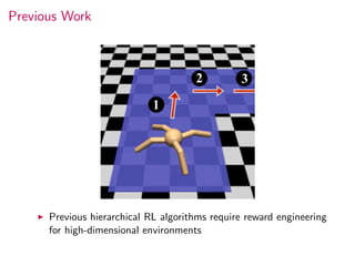 Previous Work
Previous hierarchical RL algorithms require reward engineering
for high-dimensional environments
 