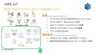 AWS IoT
特徴 (https://aws.amazon.com/jp/iot/)
• デバイスとクラウドの双方向コミュニケーション
• HTTP、MQTT、Websocketに対応
• SQLベースのルールとアクション定義
• AWSサービスとのシームレスな連携
• デバイス向けのSDK
価格体系 (https://aws.amazon.com/jp/iot/pricing/)
• 100万メッセージあたり$8(日本リージョン)
• 無料利用枠利用は25万メッセージ/月を(1年間)
簡単で安全なクラウドへのデバイス接続サービス
様々な産業での利用
アーキテクチャ図
 