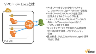 VPC Flow Logsとは
・ネットワークトラフィックをキャプチャ
し、CloudWatch LogsへPublishする機能
・ネットワークインタフェースを送信元/
送信先とするトラフィックが対象
・セキュリティグループとネットワークACL
のルールでaccepted/rejectされた
トラフィックログを取得
・キャプチャウインドウと言われる時間枠
(約10分間)で収集、プロセッシング、
保存
・追加料金はなし(CloudWatch Logsの標準
料金は課金）
 