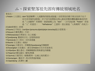 二、探索聚落祖先固有傳統領域地名
聚落名：
1.Padain 八大源社 : dain”族語解釋（人或動物的胚胎或胎盤）亦即男性的精子與女性卵子在子
宮內受孕後形成胚胎，於子宮內從開始出現心跳直到嬰孩體脫離胎盤前的形
成〝人或動物〞的期間，族語就稱之為“dain”。古代因此稱“Padain”即是
造“人”的意思； “KaPadainan”之意即，真正創造“人與萬物”的地方。
2.Caljisi射鹿社 : 斜坡
3.Piyuma古平和社 : (variljian.tjanauma.djaduljatjan.tanaulep)組合型聚落 。
4.Paiyuan古舊筏灣社 : 不詳。
5.Makazayazaya古瑪家社 : 往上坡處。
6.Tjavatjavang 舊達來古社 : 呈現與面前/
7.Tjaravacalj 古三地社 : 水的深淵處
8.Masilid 古北葉社 : 傾斜/
9.Tjavangas 古萬安社 : 苦楝樹/tjavatjavang苦楝樹群
10.Kazangiljan 古佳義社 : 創生地Padain古社宗長家族名
11.Viljauljaur 舊比魯社 : 青剛櫟樹群/黑熊愛吃的樹種
12.Paqemuli 舊包盛社 : 腥味/刺鼻
13.Djumulj 古賓茂社 : 堆積/肥料，比喻土地的肥沃。
14.Kaviyangan : 舊佳平 : 祭式的物器/場域
15.Qapedjang : 武潭村 : 鹹
 