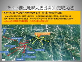 Padain創生地族人遷徙與[山羌取火紀]
Saljavan太陽神之母與Pulalengan雷神：(洪水時期生命火種)
• saljavan即太陽神之母以及創造人類的祖神，並使豬鹿農物森林興起。帶領族人遷往舊平和、舊
筏灣、舊瑪家、舊白露等各社駐地。Palalengan即Tjagaraus雷神掌管四季變化使農物豐盛以及帶領。
• maljeveq洪水時期第二次遷徙擴散。 生命的火種 [山羌取火紀]
八大源
Padain
tjagaraus北大武山
Paiyuan舊筏灣
makazayazaya舊瑪家
paljur舊白鷺
Tjavatjavang古達來
Tjaravacalj古三地
Puyuma舊平和
Qucapungan舊好茶
Ravar系(山羌取火)
 