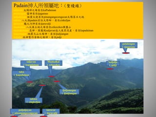 Padain神人所領屬地：(聖稜線)
saljavan 太陽神之母居住kaPadainan
pulalengan 雷神居住tjagaraus
puljaljuyan 祖靈大使居住pinangangecengecan太陽落日之地
sakinu 八大源padain首位大祭師，居住cinkeljan
tjairuvar 龍之河神居住tjaruvalji
muakaikai 八大源土地之母居住cekecekes旗鹽山
mautukutuku 惡神，因窺視saljavan造人使其流產，居住kapadainan
ljaljumegan 地震火山之母神，居住ljialjiangan
kaljalju 灶神製作食物之母神，居住pidji
Muakaikai
i cekecekes
ljaljumegan
i ljialjiangan
saljavan
i kapadainan
sakinu
i cingkeljan
kaljalju
i pidji
pulalengan
i tjagaraus
tuku
i kapadainan
puljaljuyan
i pinangangecengecan
tairuvar
i tjaruvalji
 