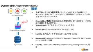 • フルマネージドかつ高可用性: リージョン内でマルチAZ構成かつ
キャッシュ情報のレプリケーション、障害時のフェイルオーバーな
どをフルマネージドで実現
• DynamoDB API互換: 現在のSDKと互換性を保っているのでコードの大
部分は書き直す必要が無い
• Write-through: ライトスルーでキャッシュを保持
• Flexible: 様々なDynamoDBのテーブル状況に対応
• Scalable: 最大10ノードまでのスケールアウトに対応
• Manageability: Amazon CloudWatch, Tagging for DynamoDB, AWS Console
などとの連携も完備
• Security: Amazon VPC, AWS IAM, AWS CloudTrail, AWS Organizationsに対
応
機能
DynamoDB Accelerator (DAX)
DynamoDB
Your Applications
DynamoDB Accelerator
 