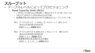 スループット
• テーブルレベルによってプロビジョニング
– Read Capacity Units (RCU)
• 1 秒あたりの読み込み項目数 x 項目のサイズ (4 KB ブロック)
• 1RCUで1秒あたり2回の読み込みが可能
• 結果整合性のある読み込みをする場合はスループットが 2 倍
例1）アイテムサイズ：1.2KB(1.2/ 4≒0.3 ⇒ 1 繰り上げ)
読み込み項目数1000回/秒
1000 × 1 = 1000 RCU
例2）アイテムサイズ:4.5KB (4.5 / 4≒1.1 ⇒ 2 繰り上げ)
読み込み項目数1000回/秒
1000 × 2 = 2000 RCU
※結果整合性のある読み込みの場合
1000 × 2 × ½ = 1000 RCU
 