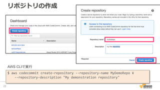リポジトリの作成
22
$ aws codecommit create-repository --repository-name MyDemoRepo ¥
--repository-description "My demonstration repository"
AWS CLIで実行
 