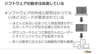 ソフトウェアの動きは加速している
vソフトウェアの作成と配布はかつてな
いほどスピードが要求されている
– ほとんどあるいはまったく資⾦調達せずに
スタートアップが巨⼤企業に対抗できる
– ダウンロードひとつで数百万⼈のユーザー
にすぐにソフトウェアを配布できる
– 多くの要求に応えるには機敏性が最も重要
 