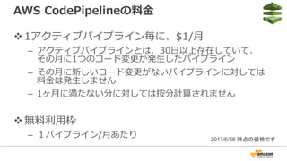AWS CodePipelineの料⾦
v1アクティブパイプライン毎に、$1/⽉
– アクティブパイプラインとは、30⽇以上存在していて、
その⽉に1つのコード変更が発⽣したパイプライン
– その⽉に新しいコード変更がないパイプラインに対しては
料⾦は発⽣しません
– 1ヶ⽉に満たない分に対しては按分計算されません
v無料利⽤枠
– １パイプライン/⽉あたり 2017/6/28 時点の価格です
 