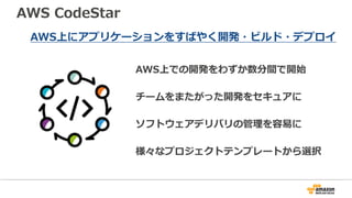 AWS CodeStar
AWS上にアプリケーションをすばやく開発・ビルド・デプロイ
AWS上での開発をわずか数分間で開始
チームをまたがった開発をセキュアに
ソフトウェアデリバリの管理を容易に
様々なプロジェクトテンプレートから選択
 