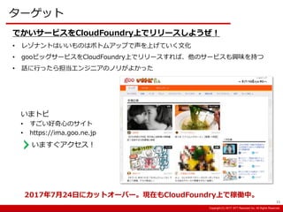 Copyright:(C) 2013 NTT Resonant Inc. All Rights Reserved.Copyright:(C) 2013 NTT Resonant Inc. All Rights Reserved.Copyright:(C) 2017 NTT Resonant Inc. All Rights Reserved.
ターゲット
いまトピ
• すごい好奇心のサイト
• https://ima.goo.ne.jp
でかいサービスをCloudFoundry上でリリースしようぜ！
• レゾナントはいいものはボトムアップで声を上げていく文化
• gooビッグサービスをCloudFoundry上でリリースすれば、他のサービスも興味を持つ
• 話に行ったら担当エンジニアのノリがよかった
2017年7月24日にカットオーバー。現在もCloudFoundry上で稼働中。
いますぐアクセス！
11
 