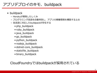 Copyright:(C) 2013 NTT Resonant Inc. All Rights Reserved.Copyright:(C) 2013 NTT Resonant Inc. All Rights Reserved.Copyright:(C) 2017 NTT Resonant Inc. All Rights Reserved.
アプリデプロイのキモ、buildpack
CloudFoundryではbuildpackが採用されている
• buildpack
– Herokuが開発したしくみ
– プログラミング言語を自動判別し、アプリの稼働環境を構築する土台
– 各言語に対応したbuildpackが存在する
• php_buildpack
• ruby_buildpack
• java_buildpack
• go_buildpack
• python_buildpack
• nodejs_buildpack
• dotnet-core_buildpack
• staticfile_buildpack
• binary_buildpack
16
 
