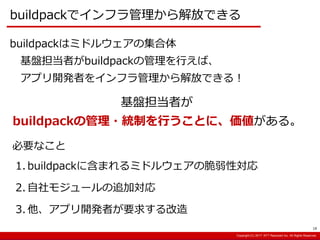 Copyright:(C) 2013 NTT Resonant Inc. All Rights Reserved.Copyright:(C) 2013 NTT Resonant Inc. All Rights Reserved.Copyright:(C) 2017 NTT Resonant Inc. All Rights Reserved.
buildpackでインフラ管理から解放できる
1. buildpackに含まれるミドルウェアの脆弱性対応
2. 自社モジュールの追加対応
3. 他、アプリ開発者が要求する改造
buildpackはミドルウェアの集合体
基盤担当者がbuildpackの管理を行えば、
アプリ開発者をインフラ管理から解放できる！
必要なこと
基盤担当者が
buildpackの管理・統制を行うことに、価値がある。
18
 