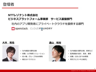 Copyright:(C) 2013 NTT Resonant Inc. All Rights Reserved.Copyright:(C) 2013 NTT Resonant Inc. All Rights Reserved.Copyright:(C) 2017 NTT Resonant Inc. All Rights Reserved.
登壇者
大木 和也 通山 和裕
4
NTTレゾナント株式会社
ビジネスプラットフォーム事業部 サービス基盤部門
社内のアプリ開発者にプライベートクラウドを提供する部門
• 社内基盤の運用企画、統制など
• 監視基盤の設計、実装、運用
• 前職：OCN ISP NW開発
• 育児クエスト中(0歳児)
• 社内基盤の運用企画
• 前職：ログ検索ソリューション
• 前々職：グループ内NW開発
• 最近はドラクエ11
社内のアプリ開発者にプライベートクラウドを提供する部門
 