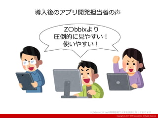 Copyright:(C) 2013 NTT Resonant Inc. All Rights Reserved.Copyright:(C) 2013 NTT Resonant Inc. All Rights Reserved.Copyright:(C) 2017 NTT Resonant Inc. All Rights Reserved.
Z〇bbixより
圧倒的に見やすい！
使いやすい！
導入後のアプリ開発担当者の声
※ZabbixにはIaaS環境監視で大変お世話になっております
 