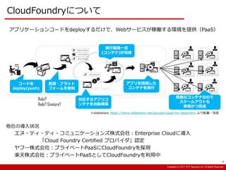Copyright:(C) 2013 NTT Resonant Inc. All Rights Reserved.Copyright:(C) 2013 NTT Resonant Inc. All Rights Reserved.Copyright:(C) 2017 NTT Resonant Inc. All Rights Reserved.
CloudFoundryについて
他社の導入状況
エヌ・ティ・ティ・コミュニケーションズ株式会社：Enterprise Cloudに導入
「Cloud Foundry Certified プロバイダ」認定
ヤフー株式会社：プライベートPaaSにCloudFoundryを採用
楽天株式会社：プライベートPaaSとしてCloudFoundryを利用中
コードを
deploy(push)
言語・プラット
フォームを検知
対応するアプリコ
ンテナを自動構築
実行環境一式
(コンテナ)が完成
アプリを搭載した
コンテナを実行
軽量なコンテナなので
スケールアウトも
容易かつ高速
Ruby?
Rails? Sinatora?
※slideshare https://www.slideshare.net/jacopen/paas-for-beginners より転載・改変
アプリケーションコードをdeployするだけで、Webサービスが稼働する環境を提供（PaaS）
8
 