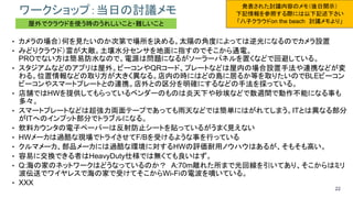 22
ワークショップ：当日の討議メモ
• カメラの場合）何を見たいのか次第で場所を決める。太陽の角度によっては逆光になるのでカメラ設置
• みどりクラウド）雷が大敵。土壌水分センサを地面に指すのでそこから通電。
PROでない方は簡易防水なので。電源は問題になるがソーラーパネルを置くなどで回避している。
• スタジアムなどのアプリは屋外。ビーコンやQRコード、プレートなどは屋内の場合設置手法や連携などが変
わる。位置情報などの取り方が大きく異なる。店内の時にはどの島に居るか等を取りたいのでBLEビーコン
ビーコンやスマートプレートとの連携。店外との区分を明確にするなどの手法を採っている。
• 店舗ではHWを提供してもらっているベンダーのものは炎天下や砂埃などで数週間で動作不能になる事も
多々。
• スマートプレートなどは超強力両面テープであっても雨天などでは簡単にはがれてしまう。ITとは異なる部分
がITへのインプット部分でトラブルになる。
• 飲料カウンタの電子ペーパーは反射防止シートを貼っているがうまく見えない
• HWメーカは過酷な現場でトライさせてF/Bを受けるような事を行っている
• クルマメーカ、部品メーカには過酷な環境に対するHWの評価耐用ノウハウはあるが、そもそも高い。
• 容易に交換できる者はHeavyDuty仕様では無くても良いはず。
• Q:海の家のネットワークはどうなっているのか？ A:70m離れた所まで光回線を引いてあり、そこからはミリ
波伝送でワイヤレスで海の家で受けてそこからWi-Fiの電波を噴いている。
• XXX
発表された討議内容のメモ（後日開示）
下記情報を参照する際には以下記述下さい
「八子クラウドon the beach 討議メモより」屋外でクラウドを使う時のうれしいこと・難しいこと
 