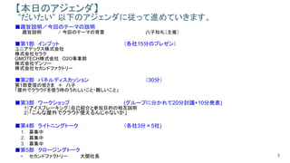 3
【本日のアジェンダ】
”だいたい” 以下のアジェンダに従って進めていきます。
■趣旨説明／今回のテーマの説明
趣旨説明 / 今回のテーマの背景 八子知礼（主催）
■第1部 インプット （各社15分のプレゼン）
ユニアデックス株式会社
株式会社セラク
GMOTECH株式会社 O2O事業部
株式会社デンソー
株式会社セカンドファクトリー
■第2部 パネルディスカッション （30分）
第1部登壇の皆さま ＋ 八子
「屋外でクラウドを使う時のうれしいこと・難しいこと」
■第3部 ワークショップ (グループに分かれて20分討議+10分発表)
1）アイスブレーキング（自己紹介と参加目的の相互説明
2）「こんな屋外でクラウド使えるんじゃないか」
■第4部 ライトニングトーク （各社3分×5社)
1. 募集中
2. 募集中
3. 募集中
■第5部 クロージングトーク
• セカンドファクトリー 大関社長
 