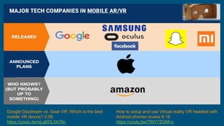 Google Daydream vs. Gear VR: Which is the best
mobile VR device? 2:08
https://youtu.be/xLqKDL5A76c
How to setup and use Virtual reality VR headset with
Android phones review 6:16
https://youtu.be/TRtY7ZGNf-o
 