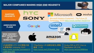 VR虛擬實境 HTC VIVE開箱介紹
＆實機測試 Unboxing 10:41
https://www.youtube.com/watch?v
=oM9-8harJKE
「PlayStation VR 豪華全配包」開箱
報導, 11:00
https://youtu.be/LZOXwKB_Oao
Oculus Rift vs HTC Vive vs
PlayStation VR 3:32
https://youtu.be/yeoi3R8lHaw
Microsoft Hololens Explained! - The Future Of
Computing. 10:23 https://youtu.be/NwY-6sQDYnk
 