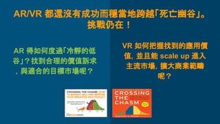 VR 如何把握找到的應用價
值，並且能 scale up 進入
主流市場，擴大商業範疇
呢？
AR 得如何度過「冷靜的低
谷」？找到合理的價值訴求
，與適合的目標市場呢？
AR/VR 都還沒有成功而穩當地跨越「死亡幽谷」。
挑戰仍在！
 