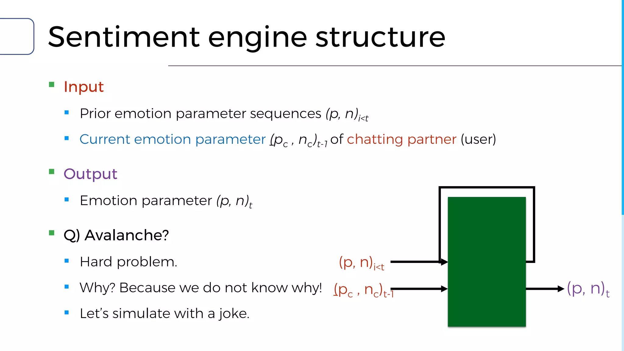 Sentiment engine structure
▪ Input
▪ Prior emotion parameter sequences (p, n)i<t
▪ Current emotion parameter (pc , nc)t-1 of chatting partner (user)
▪ Output
▪ Emotion parameter (p, n)t
▪ Q) Avalanche?
▪ Hard problem.
▪ Why? Because we do not know why!
▪ Let’s simulate with a joke.
(pc , nc)t-1
(p, n)i<t
(p, n)t
 