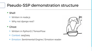 Pseudo-SSP demonstration structure
▪ Shell
▪ Written in node.js
▪ Why not django-rest?
▪ Ghost
▪ Written in Python3 / TensorFlow
▪ Context: seq2seq
▪ Emotion: Sentimental Engine / Emotion reader
 