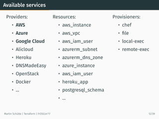 Available services
Providers:
• AWS
• Azure
• Google Cloud
• Alicloud
• Heroku
• DNSMadeEasy
• OpenStack
• Docker
• …
Resources:
• aws_instance
• aws_vpc
• aws_iam_user
• azurerm_subnet
• azurerm_dns_zone
• azure_instance
• aws_iam_user
• heroku_app
• postgresql_schema
• …
Provisioners:
• chef
• ﬁle
• local-exec
• remote-exec
Martin Schütte | Terraform | FrOSCon’17 12/39
 