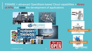 24
FIWARE = advanced OpenStack-based Cloud capabilities + library
of APIs that ease the development of applications
Driven by implementation
Sustainability ensured
20 August 2017 - Cairo
 