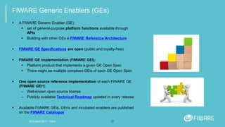 25
FIWARE Generic Enablers (GEs)
 A FIWARE Generic Enabler (GE):
 set of general-purpose platform functions available through
APIs
 Building with other GEs a FIWARE Reference Architecture
 FIWARE GE Specifications are open (public and royalty-free)
 FIWARE GE implementation (FIWARE GEi):
 Platform product that implements a given GE Open Spec
 There might be multiple compliant GEis of each GE Open Spec
 One open source reference implementation of each FIWARE GE
(FIWARE GEri):
– Well-known open source license
– Publicly available Technical Roadmap updated in every release
 Available FIWARE GEis, GEris and incubated enablers are published
on the FIWARE Catalogue
20 August 2017 - Cairo
 
