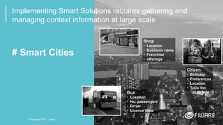 4
Implementing Smart Solutions requires gathering and
managing context information at large scale
# Smart Cities
Bus
• Location
• No. passengers
• Driver
• Licence plate
Citizen
• Birthday
• Preferences
• Location
• ToDo list
Shop
• Location
• Business name
• Franchise
• offerings
20 August 2017 - Cairo
 