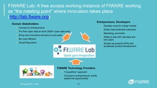 49
FIWARE Lab: A free access working instance of FIWARE working
as “the meeting point” where innovation takes place
(http://lab.fiware.org)
Entrepreneurs, Developers
• Develop once for a large market
• Easily meet potential customers
• Marketing, promotion
• Ability to test with real data and
end users
• Simple yet powerful APIs that
accelerate product development
Domain Stakeholders
• Connect to entrepreneurs
• Put their open data at work (3000+ open data sets)
• Bring new innovative services to end users
• Be more efficient
• Social Reputation
FIWARE Technology Providers
• “Coopetitive” approach
• Connect to entrepreneurs: jointly
exploit the opportunities
20 August 2017 - Cairo
 