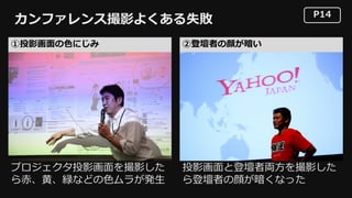 P14
カンファレンス撮影よくある失敗
②登壇者の顔が暗い①投影画⾯の⾊にじみ
プロジェクタ投影画⾯を撮影した
ら⾚、⻩、緑などの⾊ムラが発⽣
投影画⾯と登壇者両⽅を撮影した
ら登壇者の顔が暗くなった
 