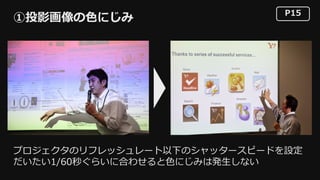 P15
①投影画像の⾊にじみ
プロジェクタのリフレッシュレート以下のシャッタースピードを設定
だいたい1/60秒ぐらいに合わせると⾊にじみは発⽣しない
 