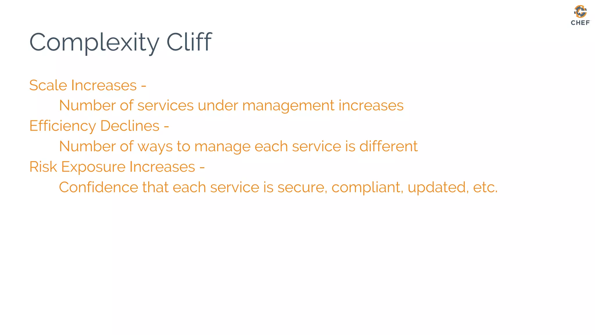 Complexity Cliff
Scale Increases -
Number of services under management increases
Efficiency Declines -
Number of ways to manage each service is different
Risk Exposure Increases -
Confidence that each service is secure, compliant, updated, etc.
 