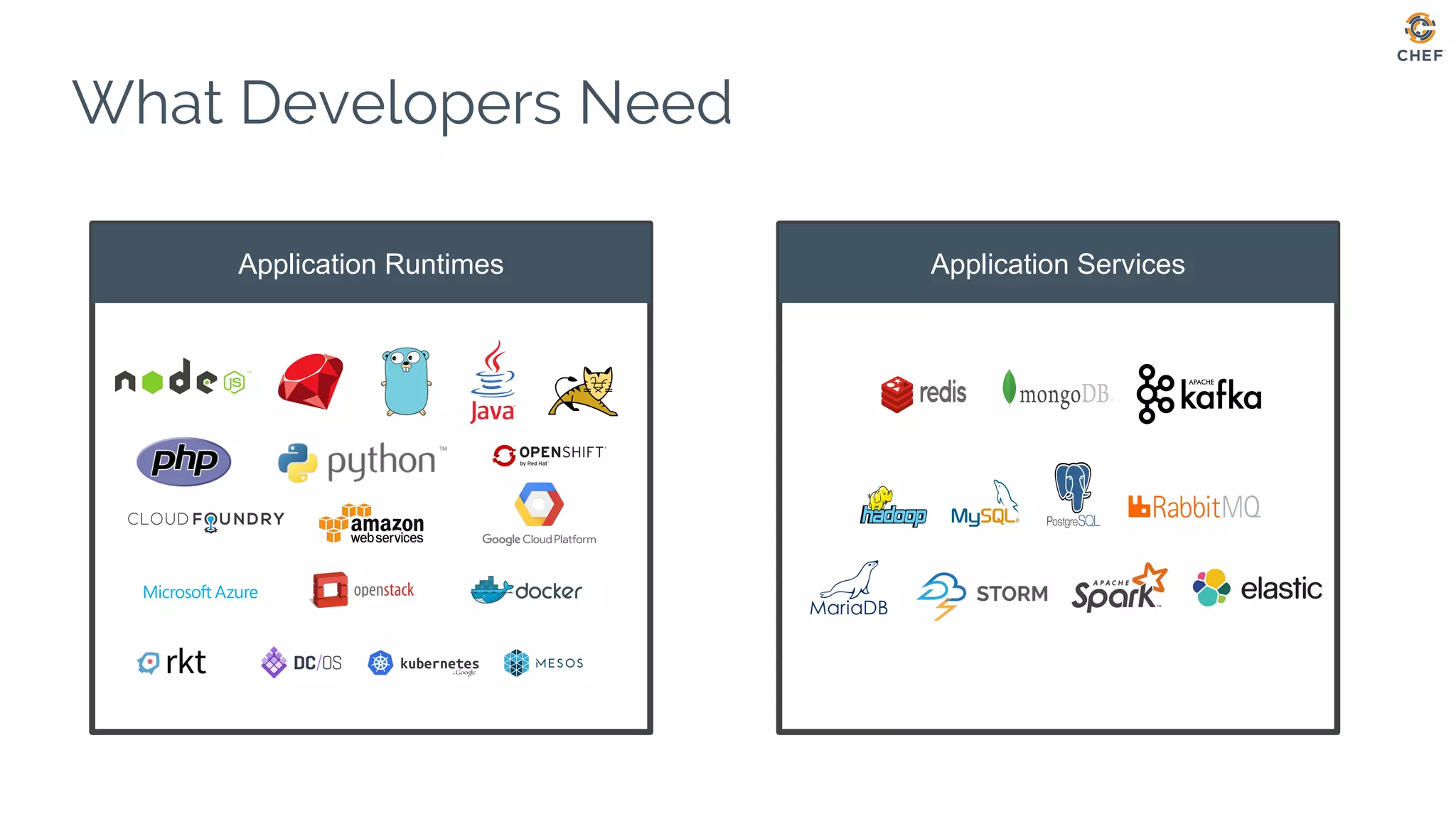 Application Services
What Developers Need
Application Runtimes
 