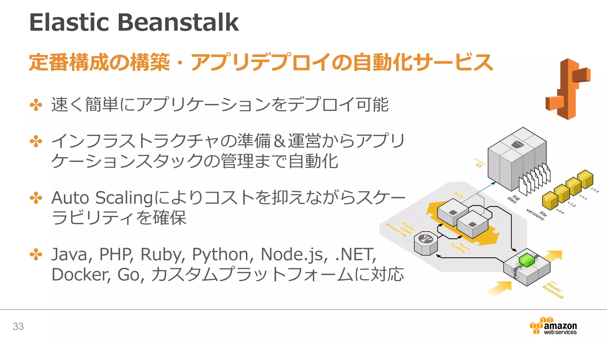 Elastic Beanstalk
33
✤ 速く簡単にアプリケーションをデプロイ可能
✤ インフラストラクチャの準備＆運営からアプリ
ケーションスタックの管理まで自動化
✤ Auto Scalingによりコストを抑えながらスケー
ラビリティを確保
✤ Java, PHP, Ruby, Python, Node.js, .NET,
Docker, Go, カスタムプラットフォームに対応
定番構成の構築・アプリデプロイの自動化サービス
 