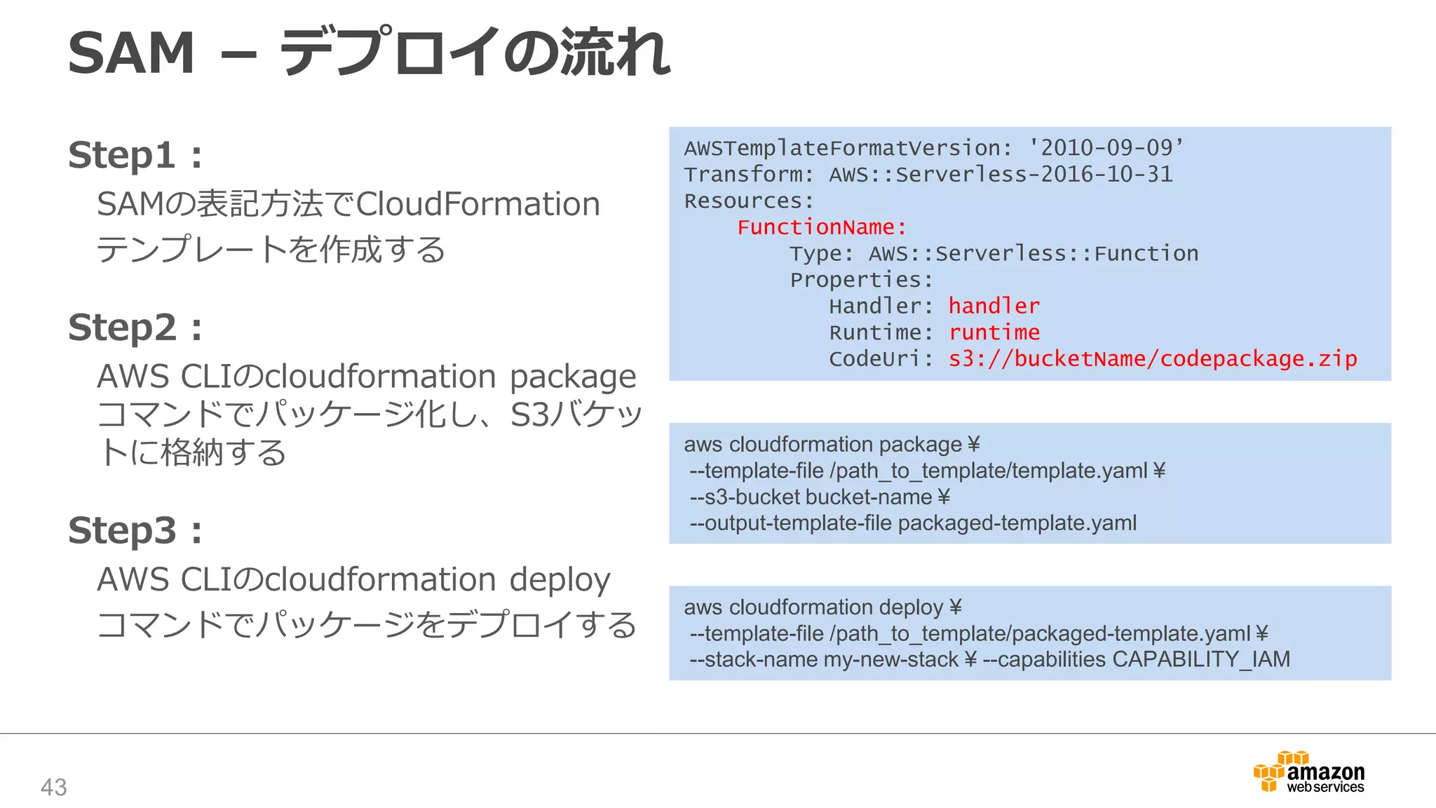 SAM − デプロイの流れ
Step1 :
SAMの表記方法でCloudFormation
テンプレートを作成する
Step2 :
AWS CLIのcloudformation package
コマンドでパッケージ化し、S3バケッ
トに格納する
Step3 :
AWS CLIのcloudformation deploy
コマンドでパッケージをデプロイする
43
AWSTemplateFormatVersion: '2010-09-09’
Transform: AWS::Serverless-2016-10-31
Resources:
FunctionName:
Type: AWS::Serverless::Function
Properties:
Handler: handler
Runtime: runtime
CodeUri: s3://bucketName/codepackage.zip
aws cloudformation package ¥
--template-file /path_to_template/template.yaml ¥
--s3-bucket bucket-name ¥
--output-template-file packaged-template.yaml
aws cloudformation deploy ¥
--template-file /path_to_template/packaged-template.yaml ¥
--stack-name my-new-stack ¥ --capabilities CAPABILITY_IAM
 