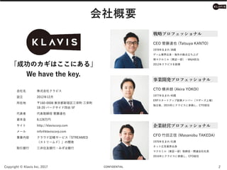 Copyright ? Klavis Inc. 2017 CONFIDENTIAL 2
 ʽ祯ӥ
O 201212
ڵ 160-0008 | 
18-20 ѩ`Ĺ 5F
 ȡ _Ҳ
Y 8,128
 http://klaviscorp.com
` info@klaviscorp.com
I 饦ӛ`ӥSTREAMED?
ȥ`ɣ_k
ȡy סy?ߤy
ɹΥϤˤ롹
We have the key.
1978ޤ 38r
`I?ΒϤ
Fޥߥ루|^һ?M&A
2012ꥯӥ򄓘I
CEO _Ҳ (Tatsuya KANTO)
1977ޤ 40r
ERP`ȥåׄIЩ`ޥ`ψ
ᡢ2015˥ӥ˲λCTO
CTO ᾮ (Akira YOKOI)
1976ޤ 41r
ͥåȎڸI
ޥߥ루|^һȡ?vBL
2016˥ӥ˲λCFO
CFO  (Masanobu TAKEDA)
Ҫ
 