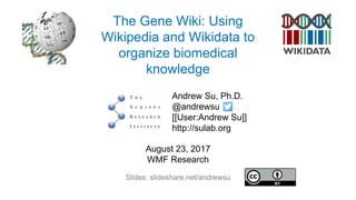 The Gene Wiki: Using
Wikipedia and Wikidata to
organize biomedical
knowledge
Andrew Su, Ph.D.
@andrewsu
[[User:Andrew Su]]
http://sulab.org
August 23, 2017
WMF Research
Slides: slideshare.net/andrewsu
 