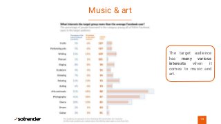 Music & art
18
The target audience
has many various
interests when it
comes to music and
art.
 