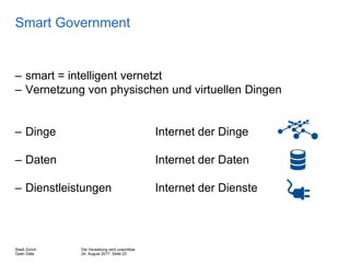 Die Verwaltung wird unsichtbar
24. August 2017, Seite 23
Stadt Zürich
Open Data
Smart Government
– smart = intelligent vernetzt
– Vernetzung von physischen und virtuellen Dingen
– Dinge Internet der Dinge
– Daten Internet der Daten
– Dienstleistungen Internet der Dienste
 
