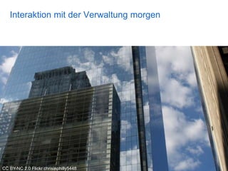 Die Verwaltung wird unsichtbar
24. August 2017, Seite 27
Stadt Zürich
Open Data
Interaktion mit der Verwaltung morgen
CC BY-NC 2.0 Flickr chrisinphilly5448
 