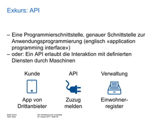 Die Verwaltung wird unsichtbar
24. August 2017, Seite 29
Stadt Zürich
Open Data
Exkurs: API
– Eine Programmierschnittstelle, genauer Schnittstelle zur
Anwendungsprogrammierung (englisch «application
programming interface»)
– oder: Ein API erlaubt die Interaktion mit definierten
Diensten durch Maschinen
App von
Drittanbieter
Kunde
Einwohner-
register
Zuzug
melden
API Verwaltung
 