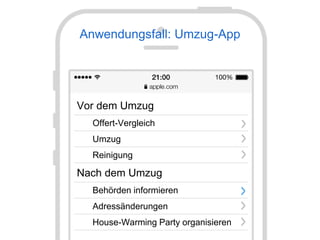 Die Verwaltung wird unsichtbar
24. August 2017, Seite 30
Stadt Zürich
Open Data
Anwendungsfall: Umzug-App
Vor dem Umzug
Offert-Vergleich
Umzug
Reinigung
Nach dem Umzug
Behörden informieren
Adressänderungen
House-Warming Party organisieren
 