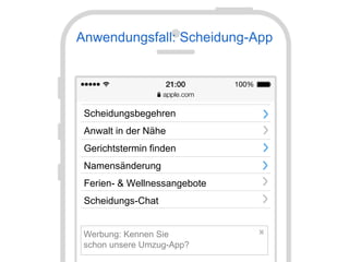Die Verwaltung wird unsichtbar
24. August 2017, Seite 31
Stadt Zürich
Open Data
Werbung: Kennen Sie
schon unsere Umzug-App?
Anwendungsfall: Scheidung-App
Scheidungsbegehren
Anwalt in der Nähe
Gerichtstermin finden
Namensänderung
Ferien- & Wellnessangebote
Scheidungs-Chat
 